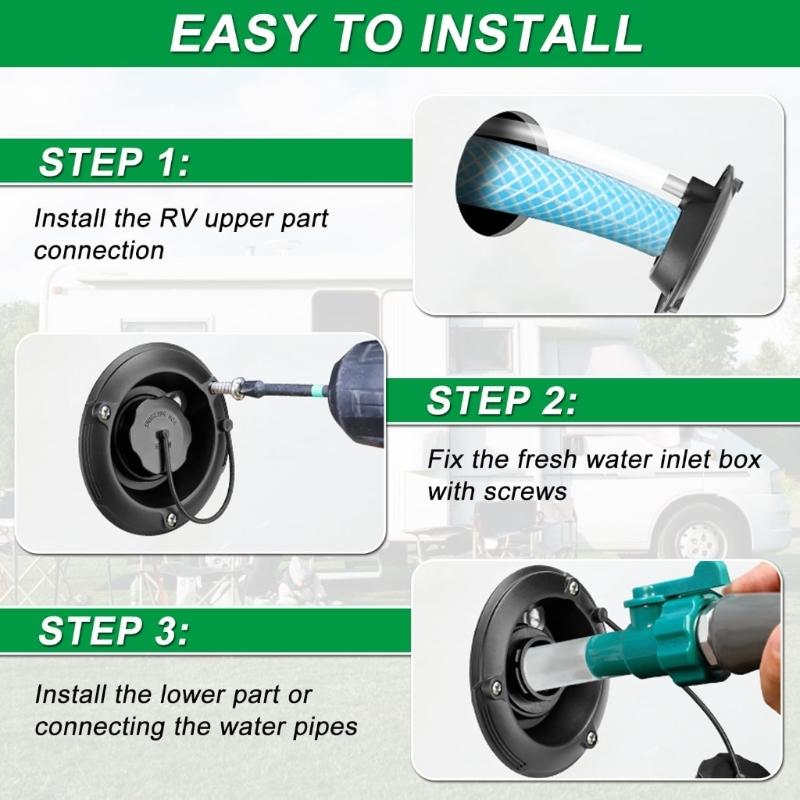 Trailer Water Fill Inlet Replacement with Round Flange, Hose Barb Fitting and Tethered Cap for Motorhome Boat Service