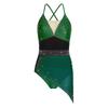 Womens Figure Skating Sling Bodysuit Sparkle Rhinestone Ruched Irregular Mesh Overlay Color Block Leotard