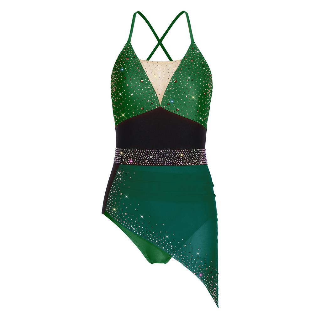 Womens Figure Skating Sling Bodysuit Sparkle Rhinestone Ruched Irregular Mesh Overlay Color Block Leotard
