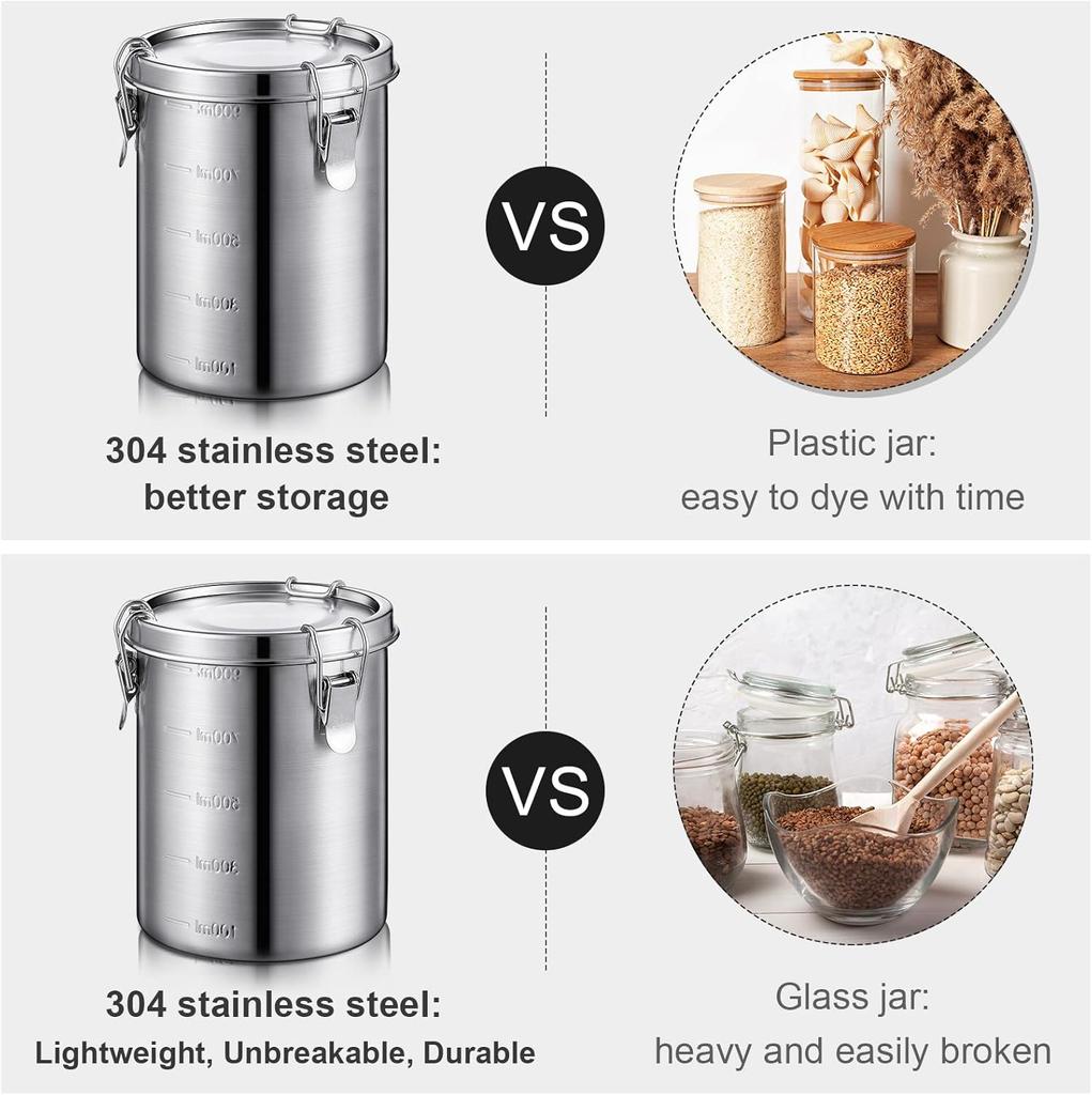 6 Pack 34 Oz Stainless Steel Airtight Food Canisters with Lids for Tea, Coffee, Sugar, Flour – Kitchen Pantry Storage