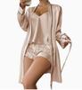 Ensemble de loungewear trois pièces en satin pour femme Débardeur sans manches Short et Robe à manches longues Ensemble de nuit léger et doux pour l'été