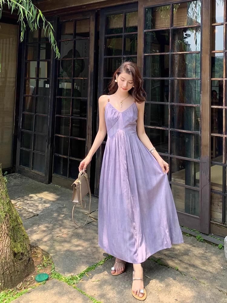 Dopamine Stunning Purple Spaghetti Strap Waist-Cinching Dress for Women's Summer Seaside Vacations