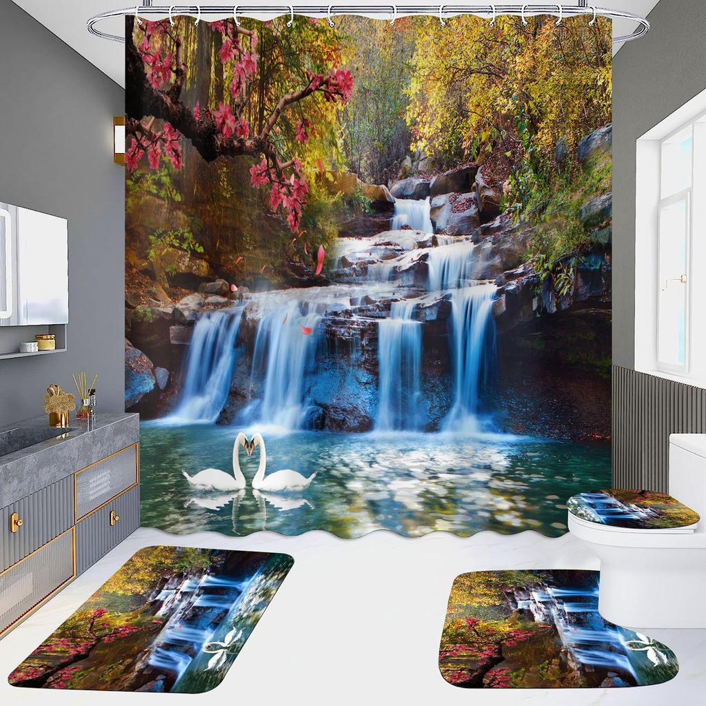 High Definition Digital Printing Shower Curtain Four-Piece Set Of Non-Punching Bathroom Bathroom Bathroom Partition Curtain Landscape