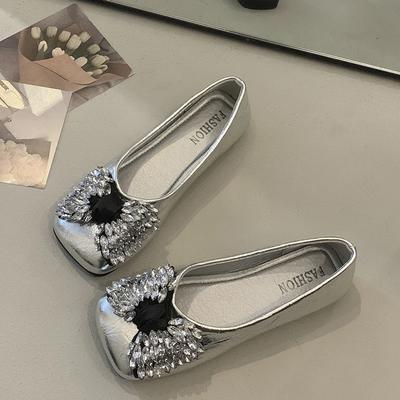 Été Nouveaux Strass Nœud Papillon Bout Carré Décolleté Bas Ballerines Plates pour Femmes Mode 2025 Plates à Semelle Souple Chaussures pour Dames