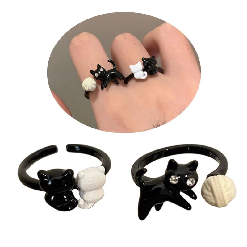 Funny Black Cat Open Rings for Women Fashion Cartoon Cute Kitten Finger Rings Party Jewelry Gift Aesthetic Accessories