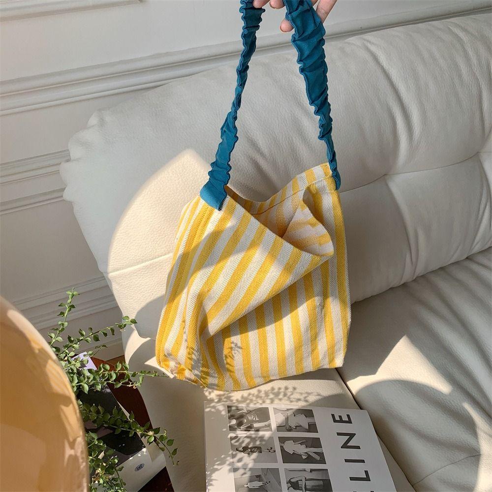 Large Capacity Stripe Canvas Bag Pleated Shoulder Strap Cloth Shoulder Bag Cute Tote Bag Women