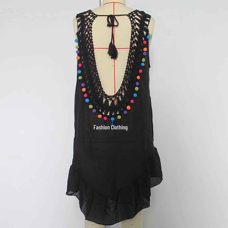 Colorful Ruffle V-Neck Crocheted Patchwork Bikini Cover-Up Skirt