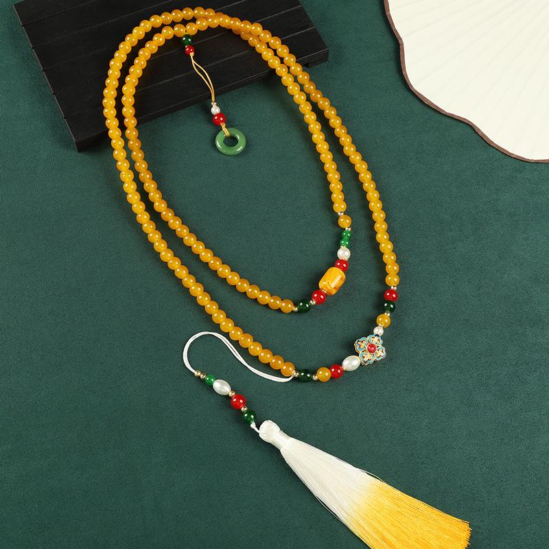 Long messenger chain high-end green glazed agate beaded necklace cheongsam sweater chain accessories women
