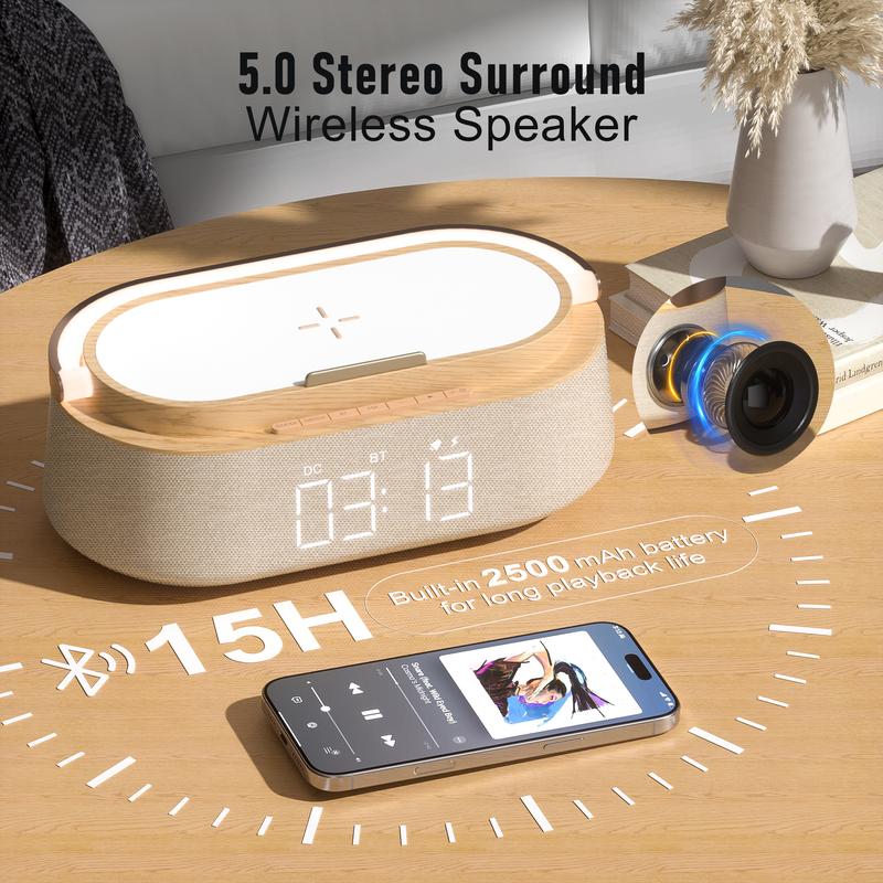 Portable Dual Alarm clock Bluetooth Speaker, Phone holder Wireless Charger, FM Radio & Dimmable Light for Bedroom Office Home Gift Giving
