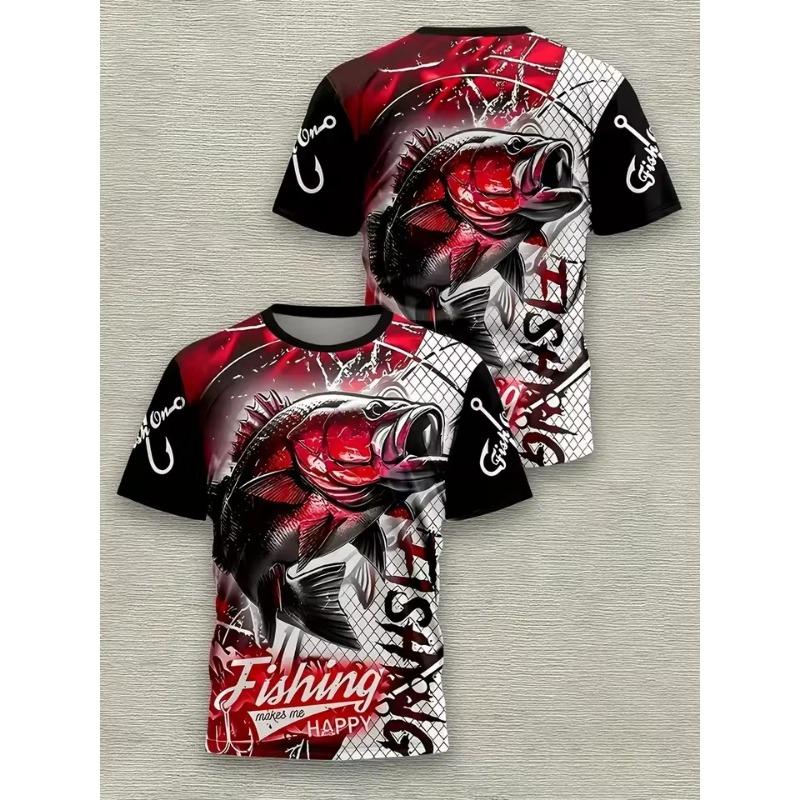 Pánské tričko s kulatým výstřihem pro rybářské nadšence, 3D potisk s grafikou rybářského háčku a okouna, nadměrná velikost, ležérní sportovní styl, letní tričko