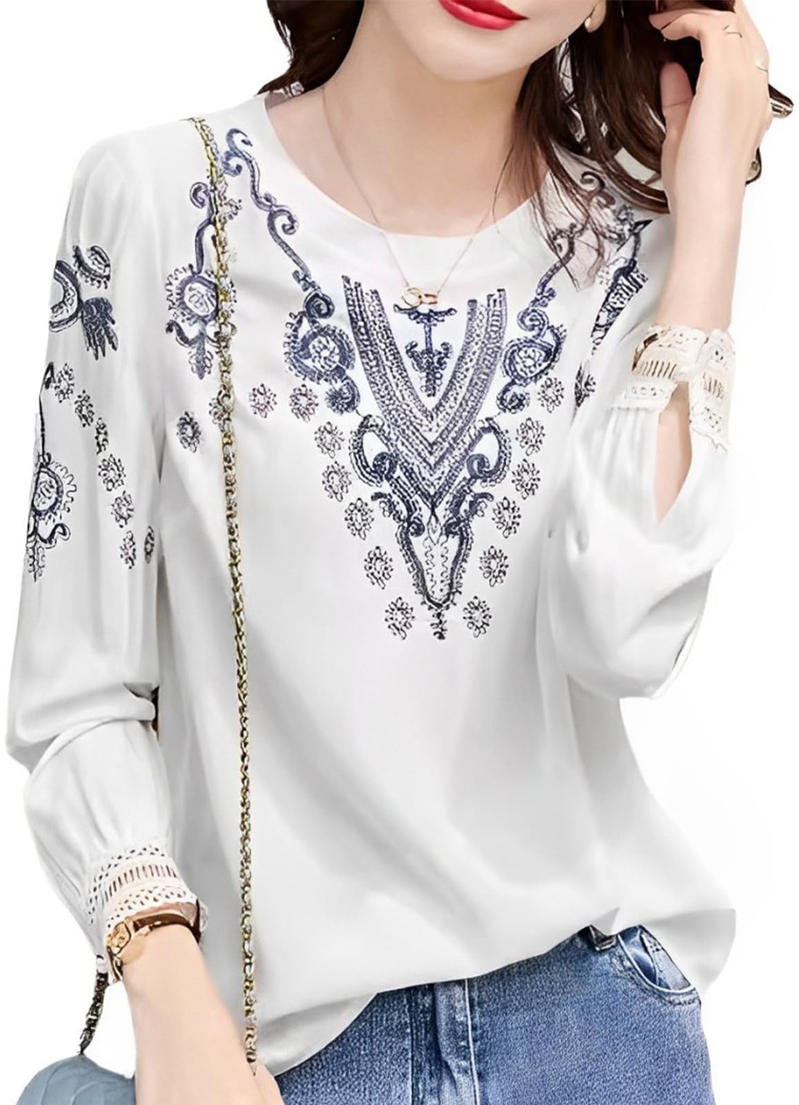 

Neiman by Embroidered Bohemian Print Pullover Long Thick Relaxed High School Crew Lace Blouse, Sleeve, Sleeve-Conscious Top, White, Fabric, Stylish, белый