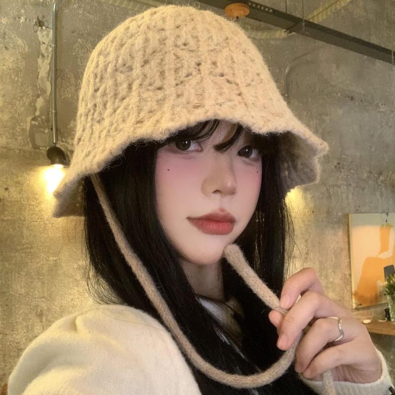 Strap Knitted Bucket Hat Women's Autumn and Winter New Versatile Bucket Hat Big Head Circumference Show Face Small Wool Hat