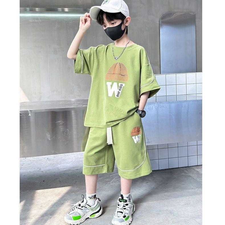 Boys Summer  Casual Shorts Sleeve Sleeveless T-shirts+Pants 2pcs Sets Teenage Sportswear Children Outfits Set 170 зелёный