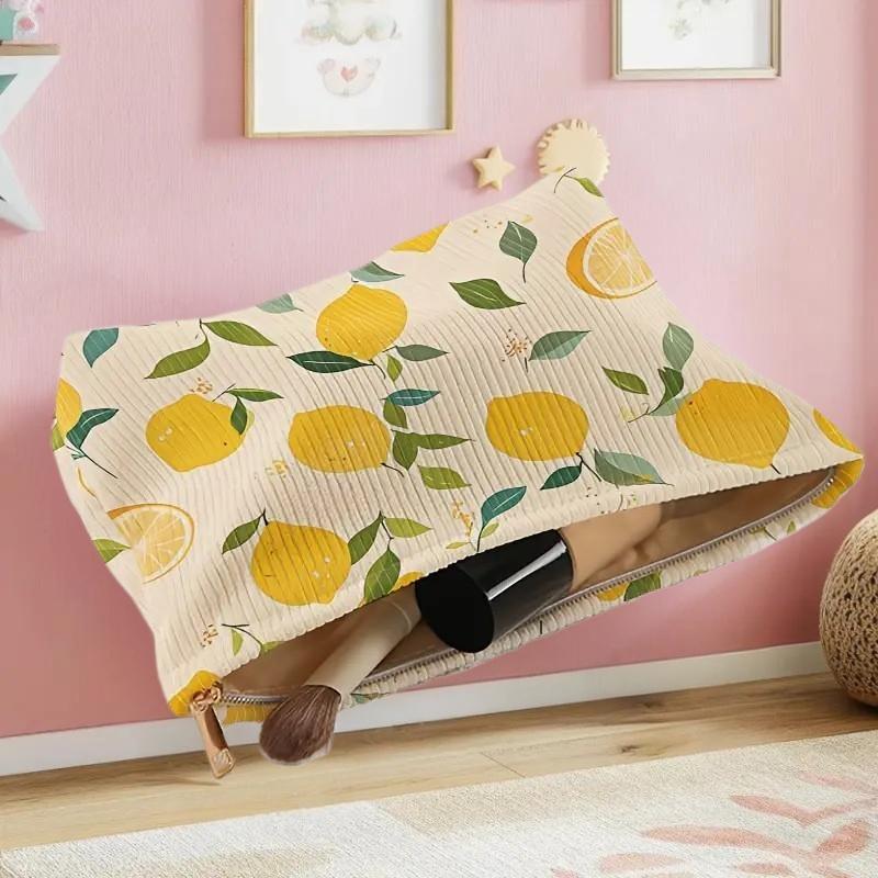 Fashionable Lemon-Print Corduroy Cosmetic Bag - Large Capacity, Perfect for Travel or as a Girl's Gift
