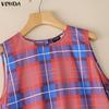 VONDA Ethnic Women Casual Round Neck Sleeveless Plaid Print Casual Tunic Dress