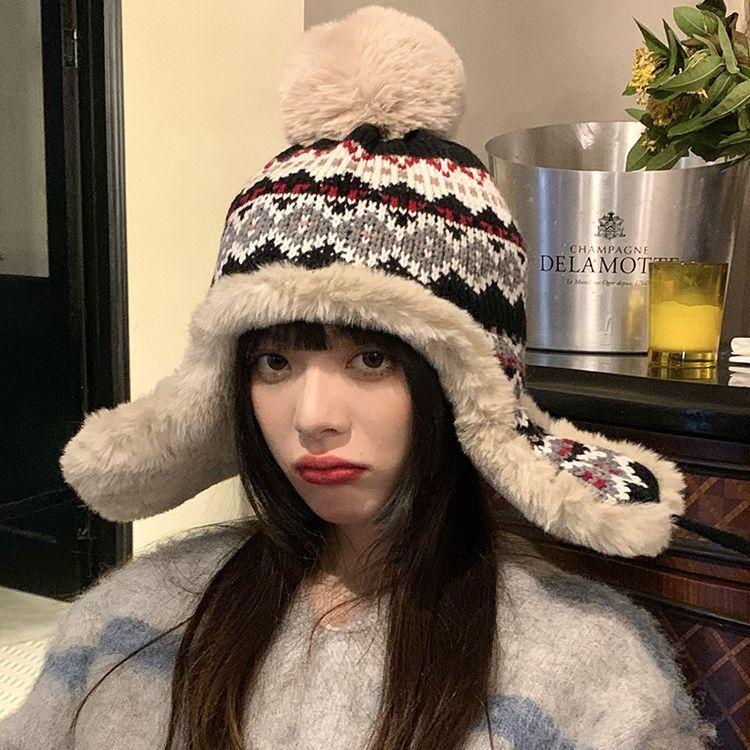Japanese Ethnic Wind Wool Hat Women'S Autumn And Winter Lei Feng Hat Travel Skiing Ear Protection Knitted Hat Plush Thickened Warm