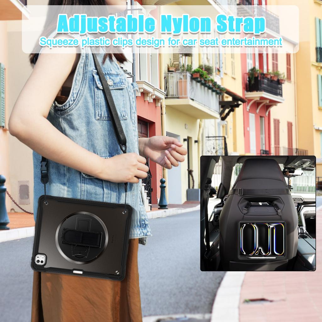 Kickstand Tablet Cases for iPad Pro 13 2024 Kids Friendly Pencil Holder Hand Strap Adjustable Shoulder Strap 360 Rotating Covers