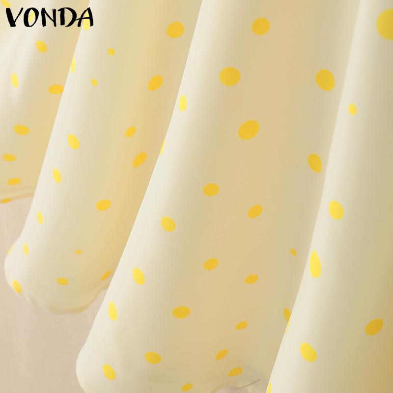 VONDA Women Square Collar Puff Sleeve Polka Dots Casual Pleated Dress