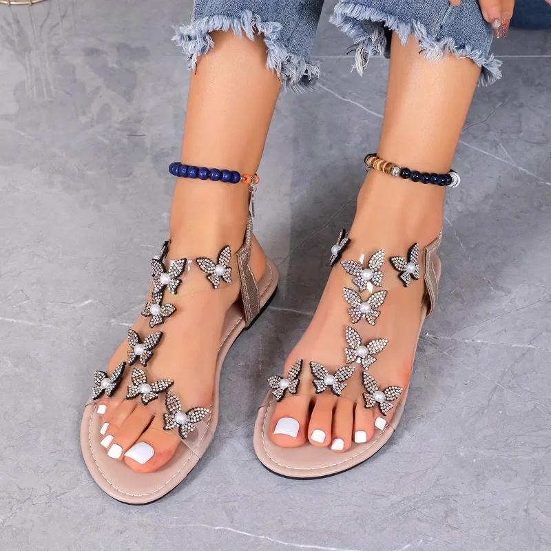 Fashion Women's Shoes 2024 New Elastic Band Women's Sandals Summer Dress Sandals Women Crystal Butterfly Open Toe Plus Size Shoes Women