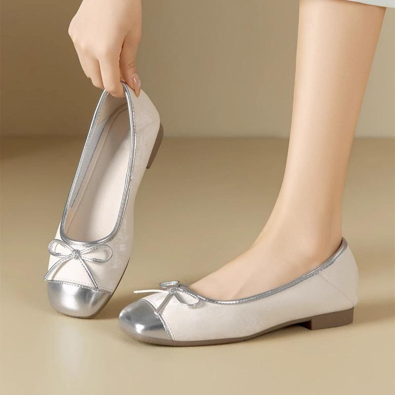 

New round head bow ballet women s shoes autumn shallow mouth fashion versatile commuter Mary Jane shoes women 35 срібний