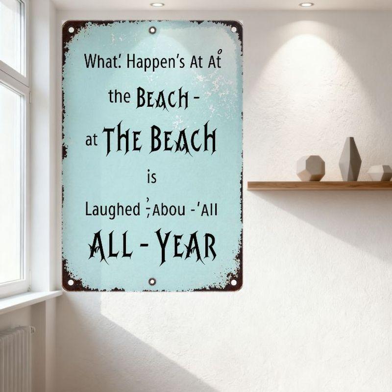 Vintage Beach Metal Tin Sign, Weathered Rusted Light Blue Background Whimsical Misspelled Text for Bar Cafe Home Man Cave Decor