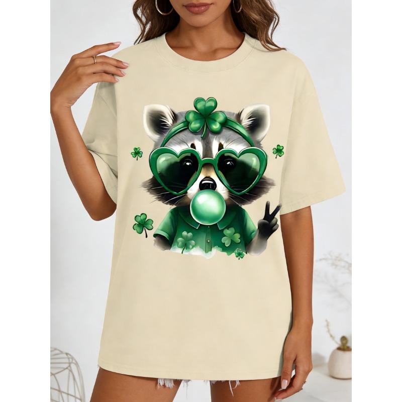 

Women s stylish casual raccoon pattern T-shirt - Loose short-sleeved round-neck shirt, for St. Patrick s Day celebration XL