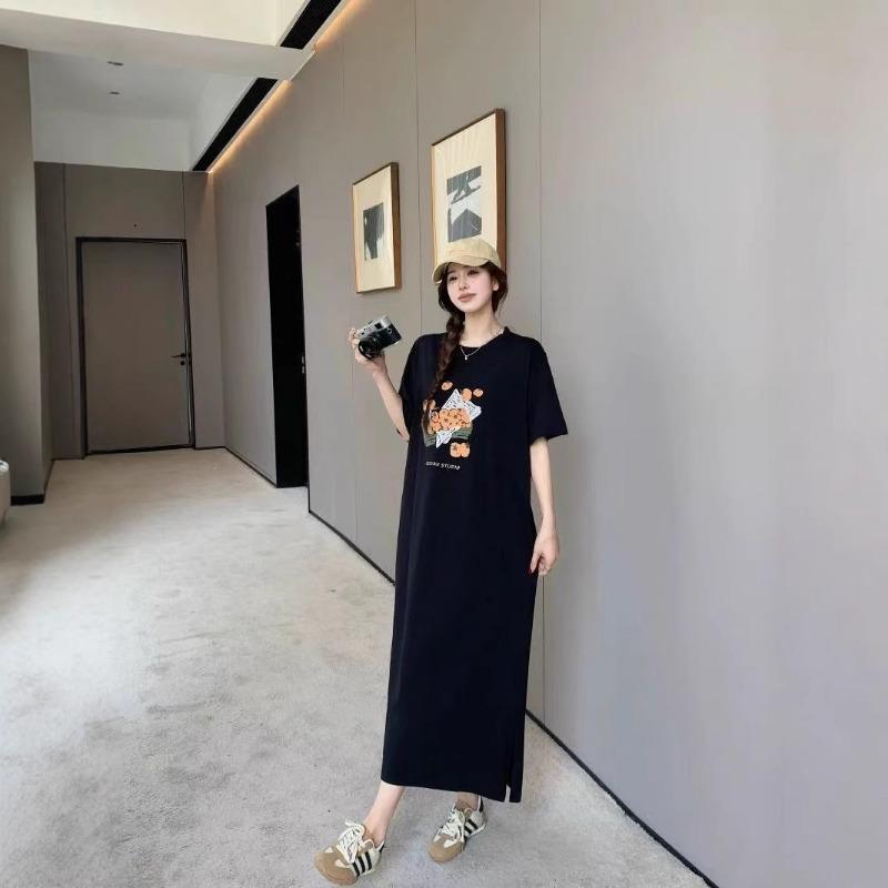 Women's Short-sleeved T-shirt Skirt Summer Mid-length Over-the-knee Dress Plus-size Slimming Dress