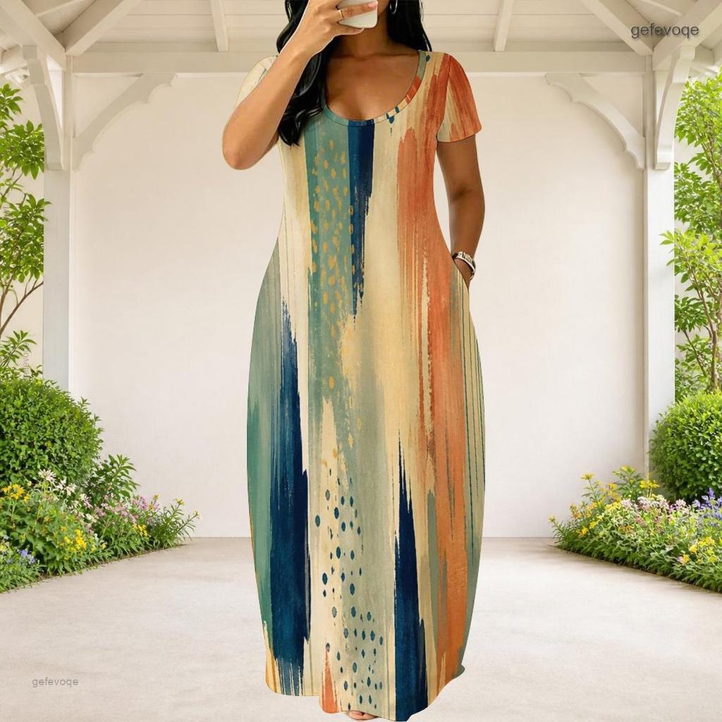 Women Plus Size Round Neck Short Sleeve Green Yellow Printed Loose Maxi Dress With Pockets