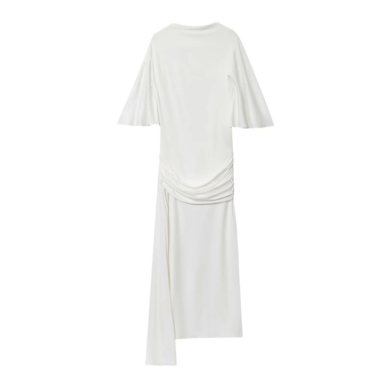 Autumn New Women's Clothing Minimalist Style Turtleneck Short Sleeve Open Back Laminated Decoration Long Dress 4661209