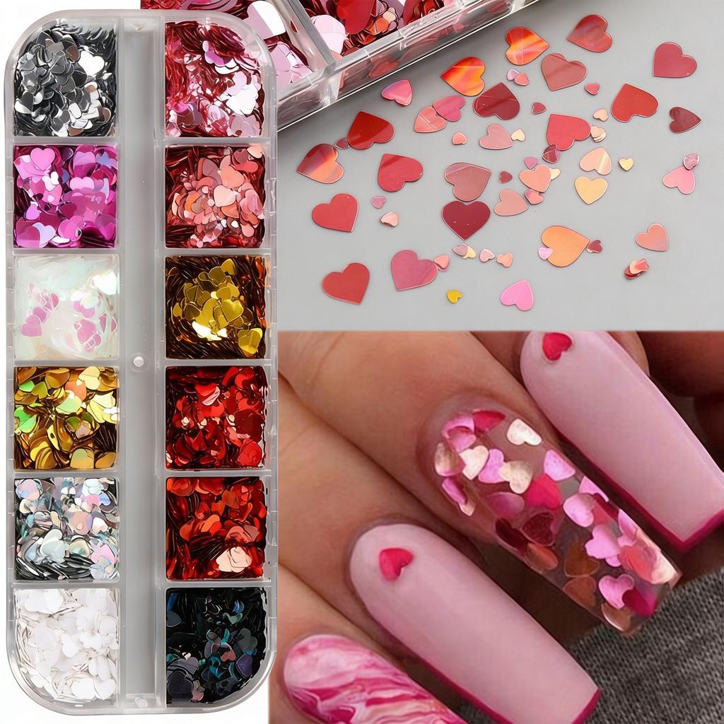 1 Box 12 Color Hearts Nail Glitter Love Nail Sequins  Rose Nail Flaking Sparkly Glitter Flaking Shiny Nail Glitter Valentine Nail Sequins Glitter