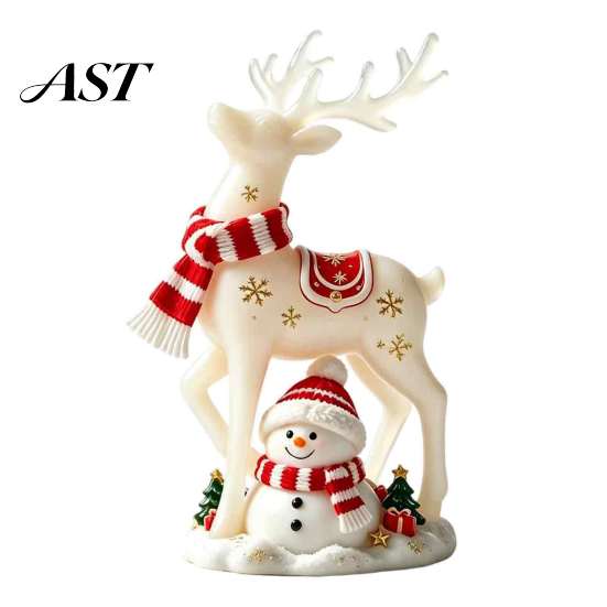 Unique Housewarming Gift Christmas Reindeer Snowman Resin Figurine, White Deer Statue with Red Scarf, Indoor Holiday Ornament Winter Tabletop
