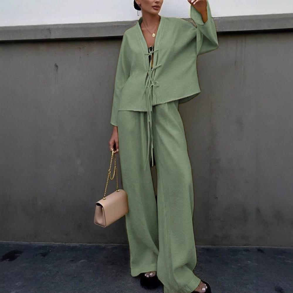 2025 Spring/Autumn European & American Women's High-End Lace-Up Shirt & Long Pants Casual Fashion Set