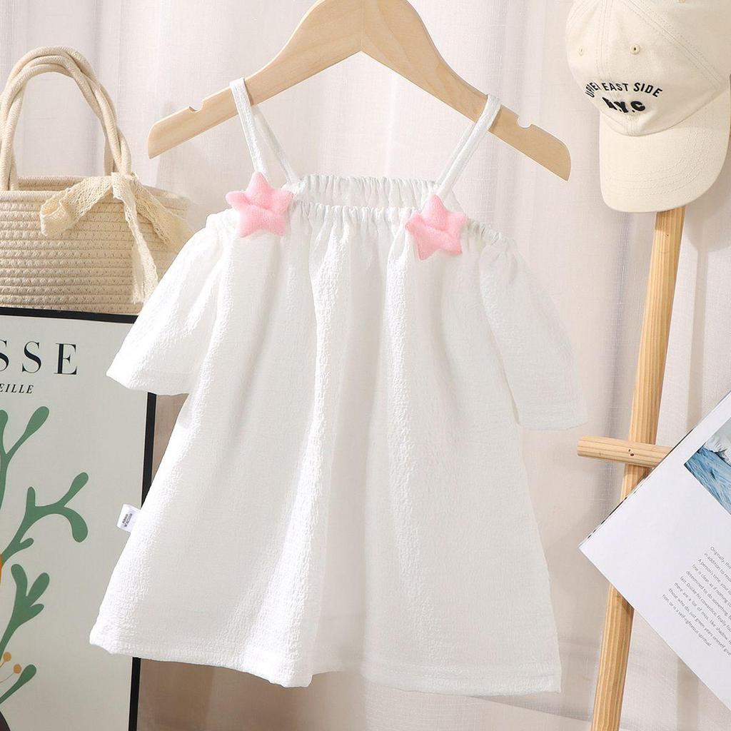 Summer Kids Cute Printing T-shirts Girls Off Shoulder Sling Loose Short Sleeve Star T-Shirt Baby Shirt Solid Color Top