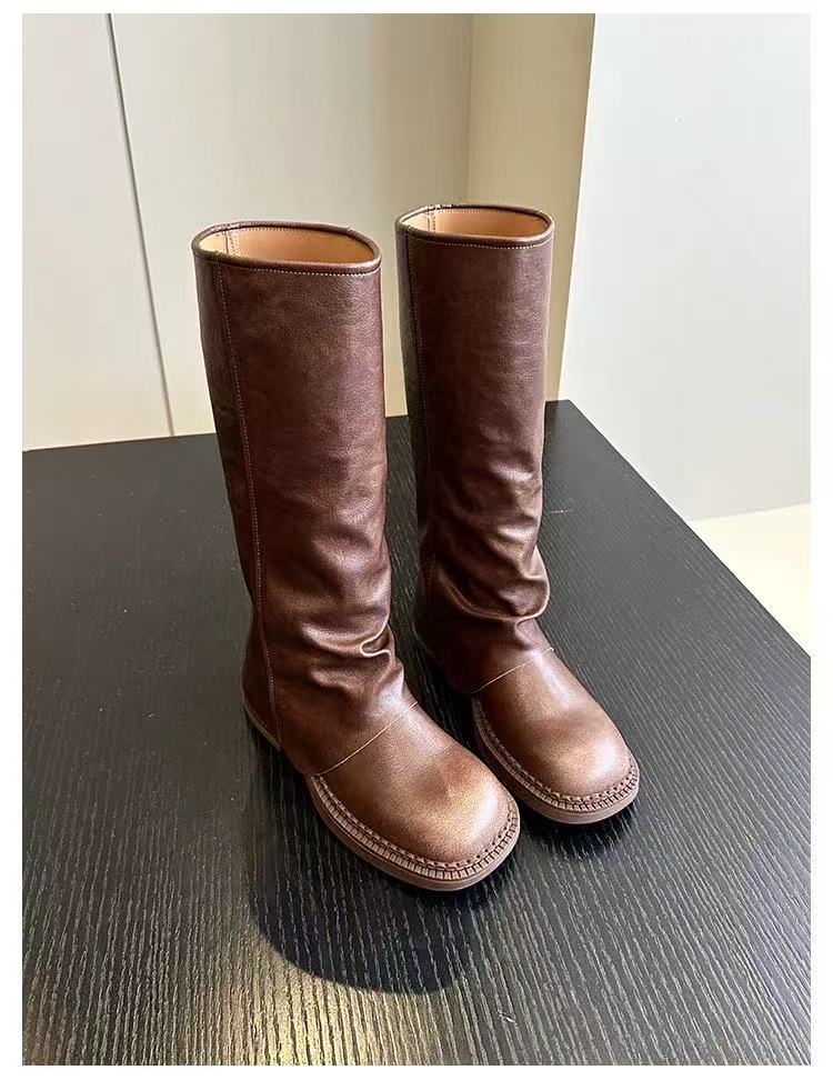 

Версия из овчины~ Британский стиль круглый носок штаны-трубы ботфорты женские высокие кожаные плиссированные рыцарские сапоги Сапоги Spice girls для уличного стиля 40