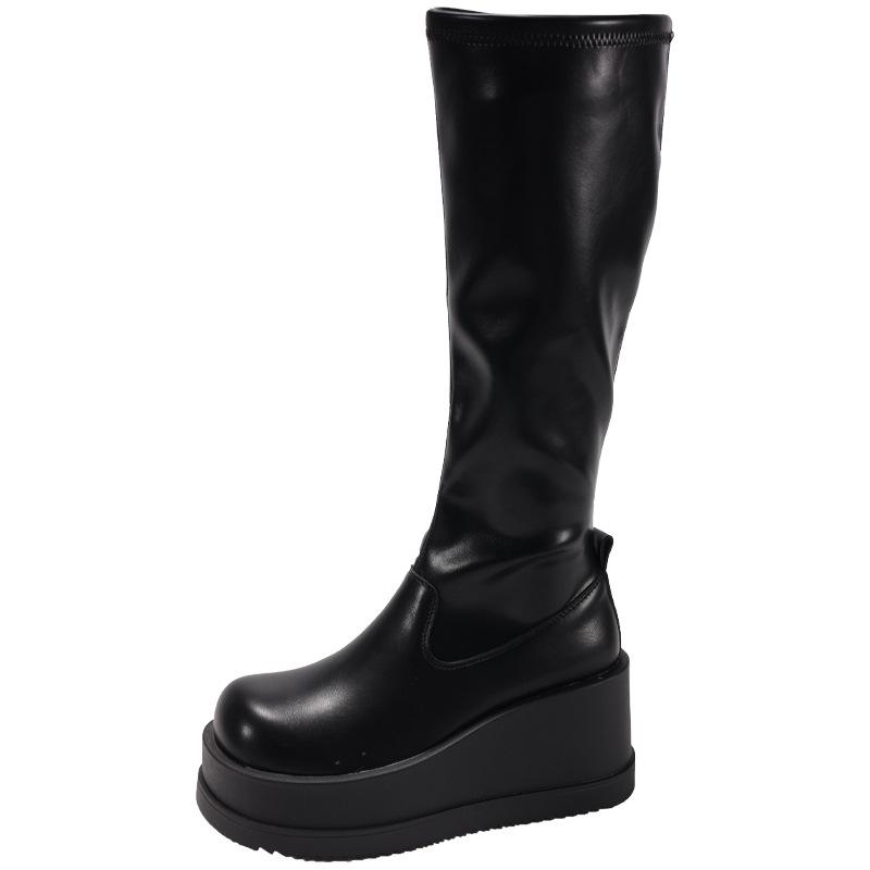 

2025 новые европейские и американские ботильоны на танкетке с узким голенищем в готическом стиле, ботинки на платформе, рыцарские ботинки, но колено большое, голова тонкая, голенище высокое 40 чёрный