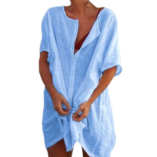 Plus Size Women Solid Color Short Sleeve V Neck Buttons Loose Shirt Mini Dress