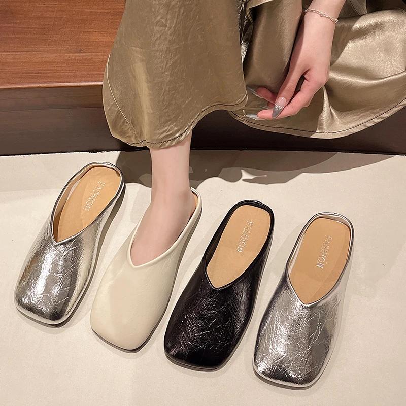 Mode Damen Pantoletten 2025 Sommer Elegant Eckig Geschlossene Zehen Flache Hausschuhe Damenschuhe Lässig Leder Schwarz Weiß Slipper Übergröße 35-42