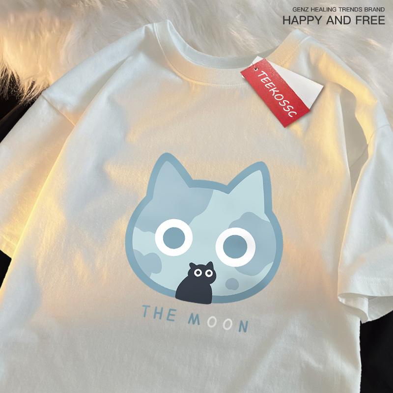 The Moon Blue Cat Fun Japanese Style Men Women T-Shirts Cotton Oversized Short Sleeve Shirt Loose T-Shirt Breathable Casual Tops