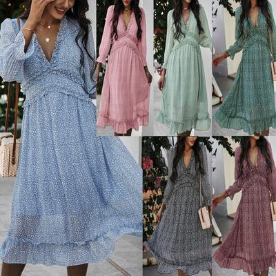 Women's Fashion Long Sleeve V-neck Skirt Pleated Knee-length Print Dress