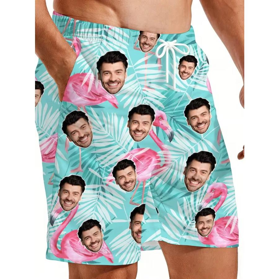 Custom Face Beach Shorts For Men 3D Digital Print Surfing Hawaiian Shorts Quick-Drying Lightweight Comfortable Swim Trunks