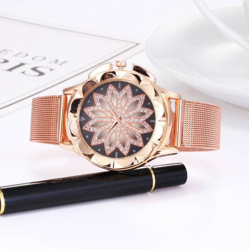 Gold Rose Crystal Flower Women Watches Ladies Quartz Alloy Mesh Watch New