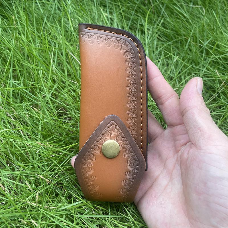 Funda de cuero vacuno repujado para cuchillo plegable, funda de cuero dividido, estuche, fundas para cuchillo de camping, hebilla para cinturón