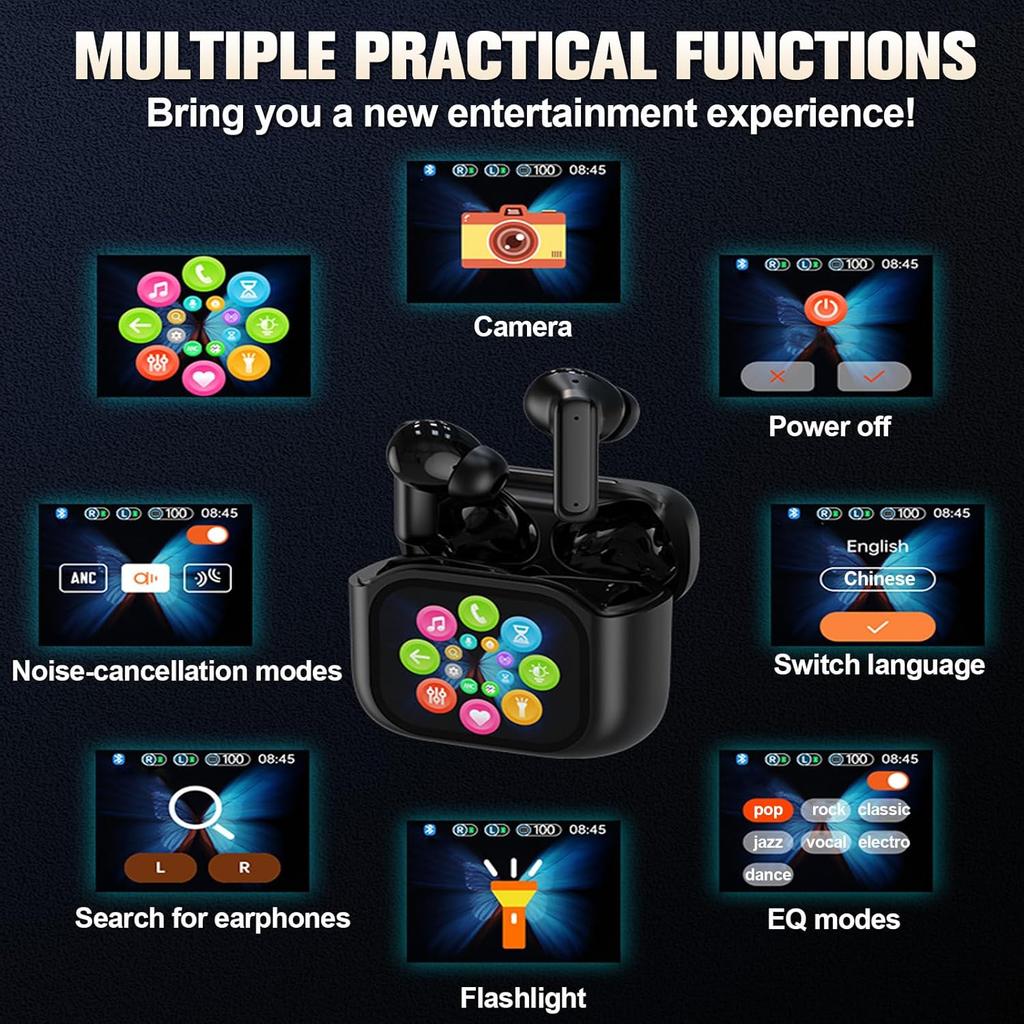 Wireles Smart Touch Screen Active Noise Cancelling Earbuds In Ear Work Headphones ANC Touchscreen Earphones TWS True Wireless Earbuds Bluetooth 5.3