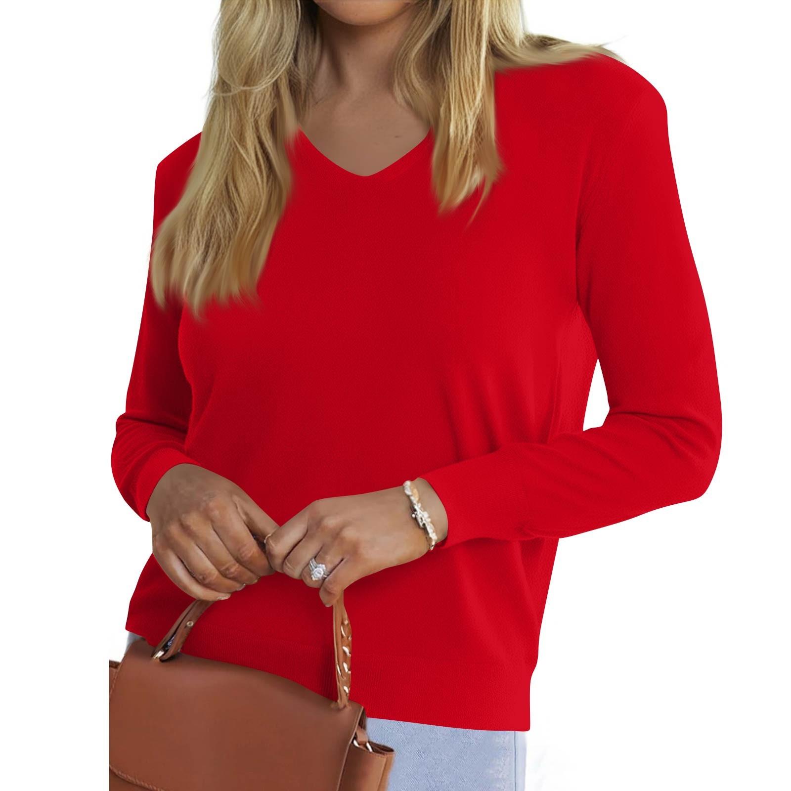 

Women s Fashionable Casual V Neck Solid Color Long Sleeve Top XXL красный