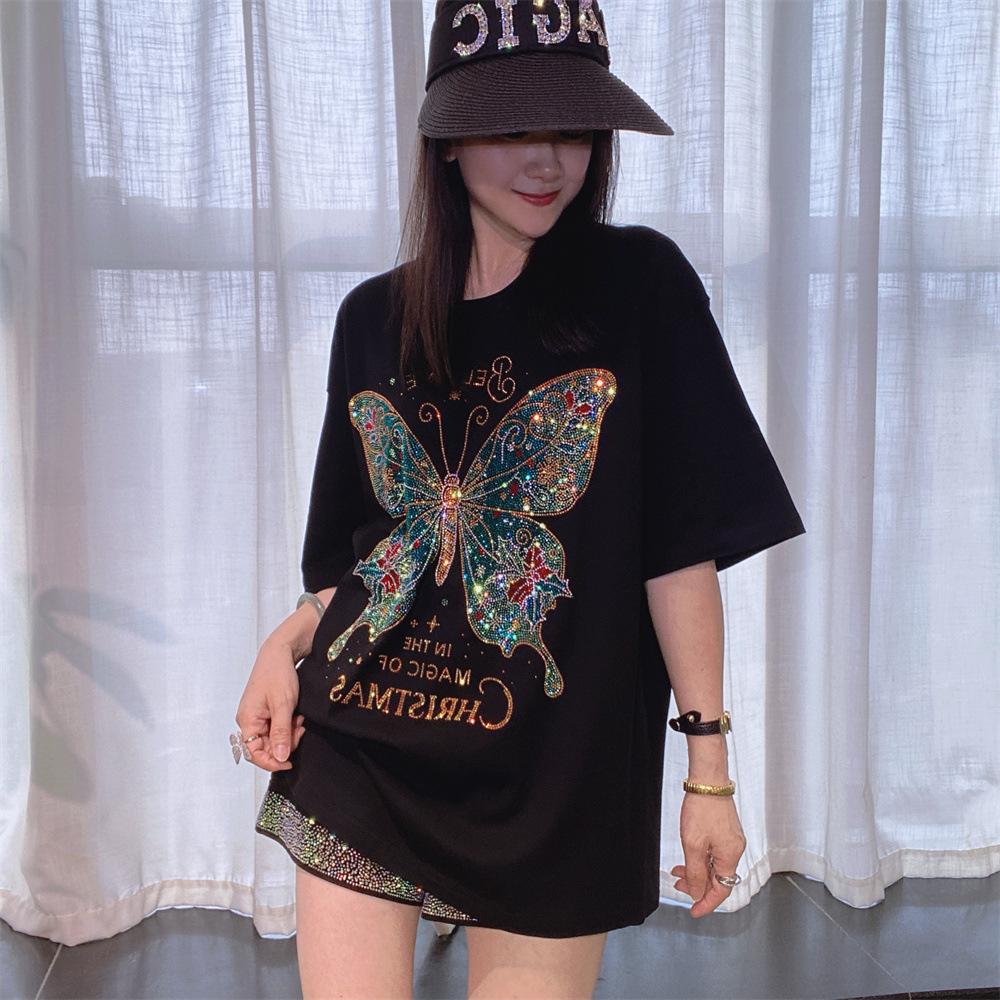 

Женские футболки с коротким рукавом больших размеров, с красочным мультяшным рисунком бабочки и бриллиантами, летняя повседневная свободная футболка с круглым вырезом, трикотаж M（50kg-55kg) чёрный
