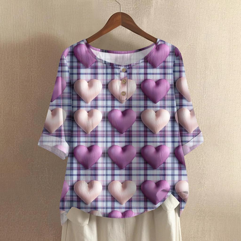 Damska casualowa i wygodna bawełniano-lniana bluzka z okrągłym dekoltem, średniej długości, z modnym nadrukiem