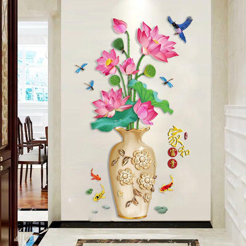 Chinese Style Peony Flower Vase Wall Sticker for Bedroom Living Room Self Adhesive Vinyl Wall Art Removable TV Background Decoration Home Decor