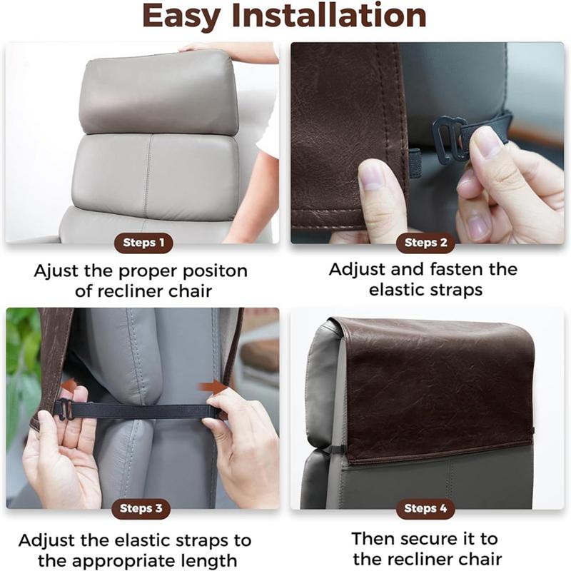 Elastic Strap Headrest Cover Faux Leather For Recliner Chair Headrest Protector Brown