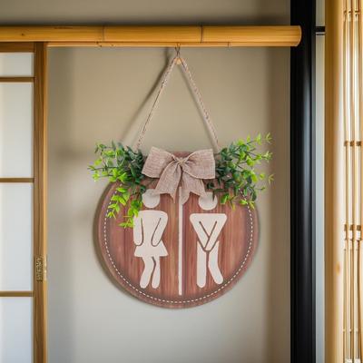 Creative Round Wooden Toilet Sign Rustic Style Decoration Bathroom Sign Bow Knot Density Board Wall Hanging Signs Shower Room