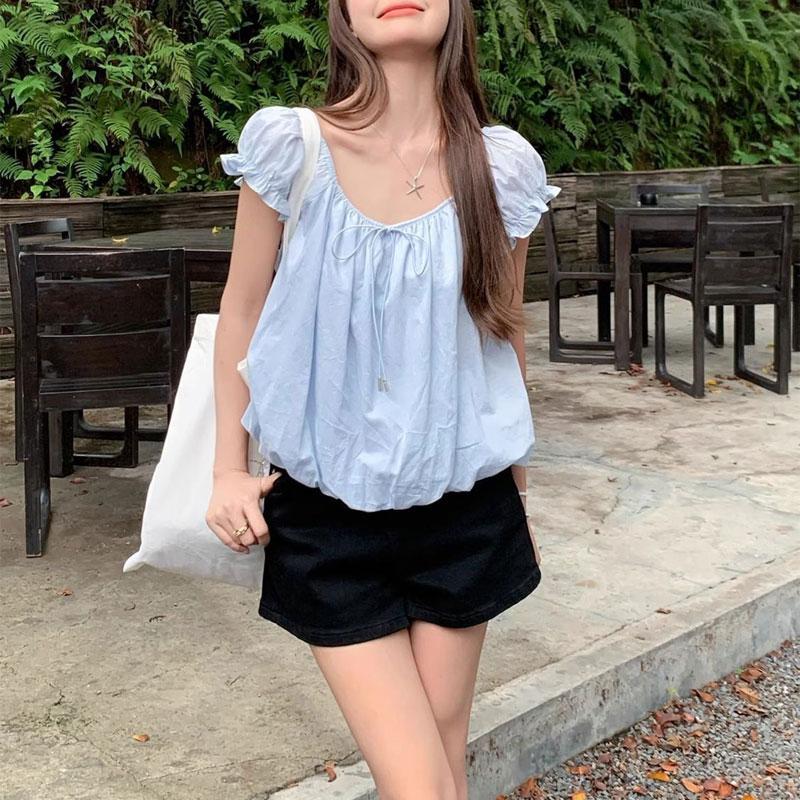 

Модные рубашки с пышными рукавами Женская одежда Сладкий бант на кулиске Летний французский стиль Однотонная базовая свободная блузка-бальное платье M синий